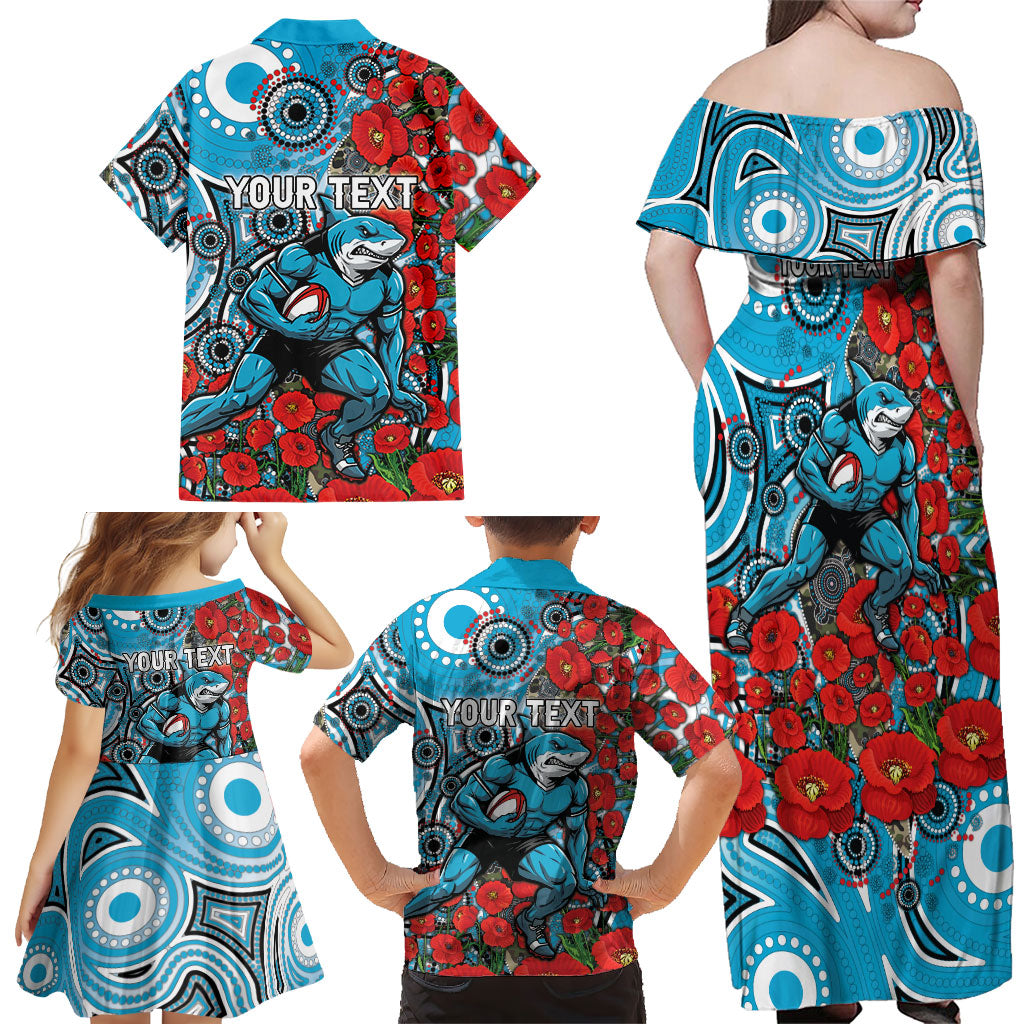 Personalised Cronulla Sharks ANZAC Family Matching Off Shoulder Maxi Dress and Hawaiian Shirt Indigenous Wave Pattern Poppy Remembrance Shark Warrior