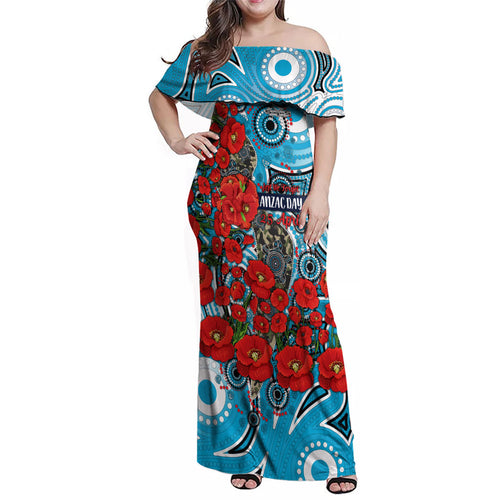Personalised Cronulla Sharks ANZAC Family Matching Off Shoulder Maxi Dress and Hawaiian Shirt Indigenous Wave Pattern Poppy Remembrance Shark Warrior
