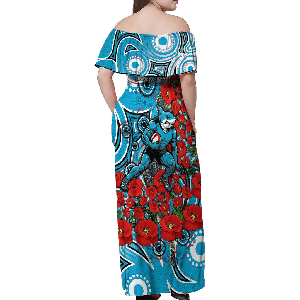 Personalised Cronulla Sharks ANZAC Family Matching Off Shoulder Maxi Dress and Hawaiian Shirt Indigenous Wave Pattern Poppy Remembrance Shark Warrior