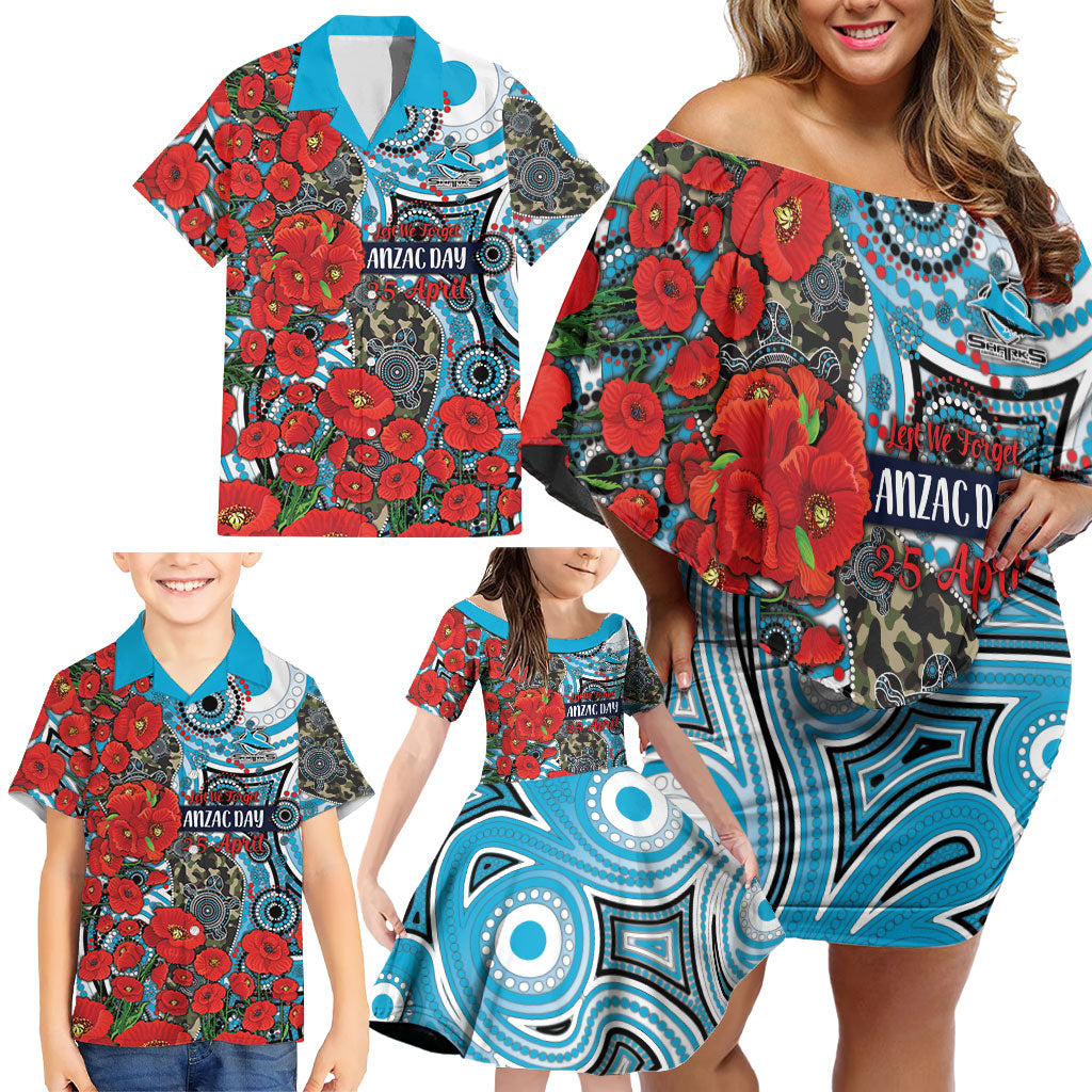 Personalised Cronulla Sharks ANZAC Family Matching Off Shoulder Short Dress and Hawaiian Shirt Indigenous Wave Pattern Poppy Remembrance Shark Warrior