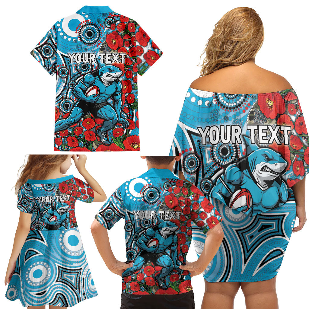Personalised Cronulla Sharks ANZAC Family Matching Off Shoulder Short Dress and Hawaiian Shirt Indigenous Wave Pattern Poppy Remembrance Shark Warrior