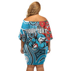 Personalised Cronulla Sharks ANZAC Family Matching Off Shoulder Short Dress and Hawaiian Shirt Indigenous Wave Pattern Poppy Remembrance Shark Warrior