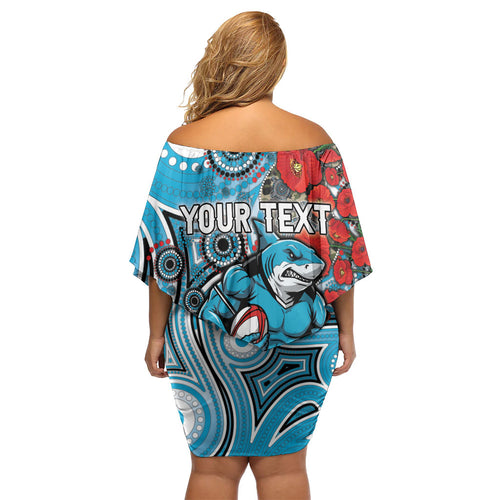 Personalised Cronulla Sharks ANZAC Family Matching Off Shoulder Short Dress and Hawaiian Shirt Indigenous Wave Pattern Poppy Remembrance Shark Warrior