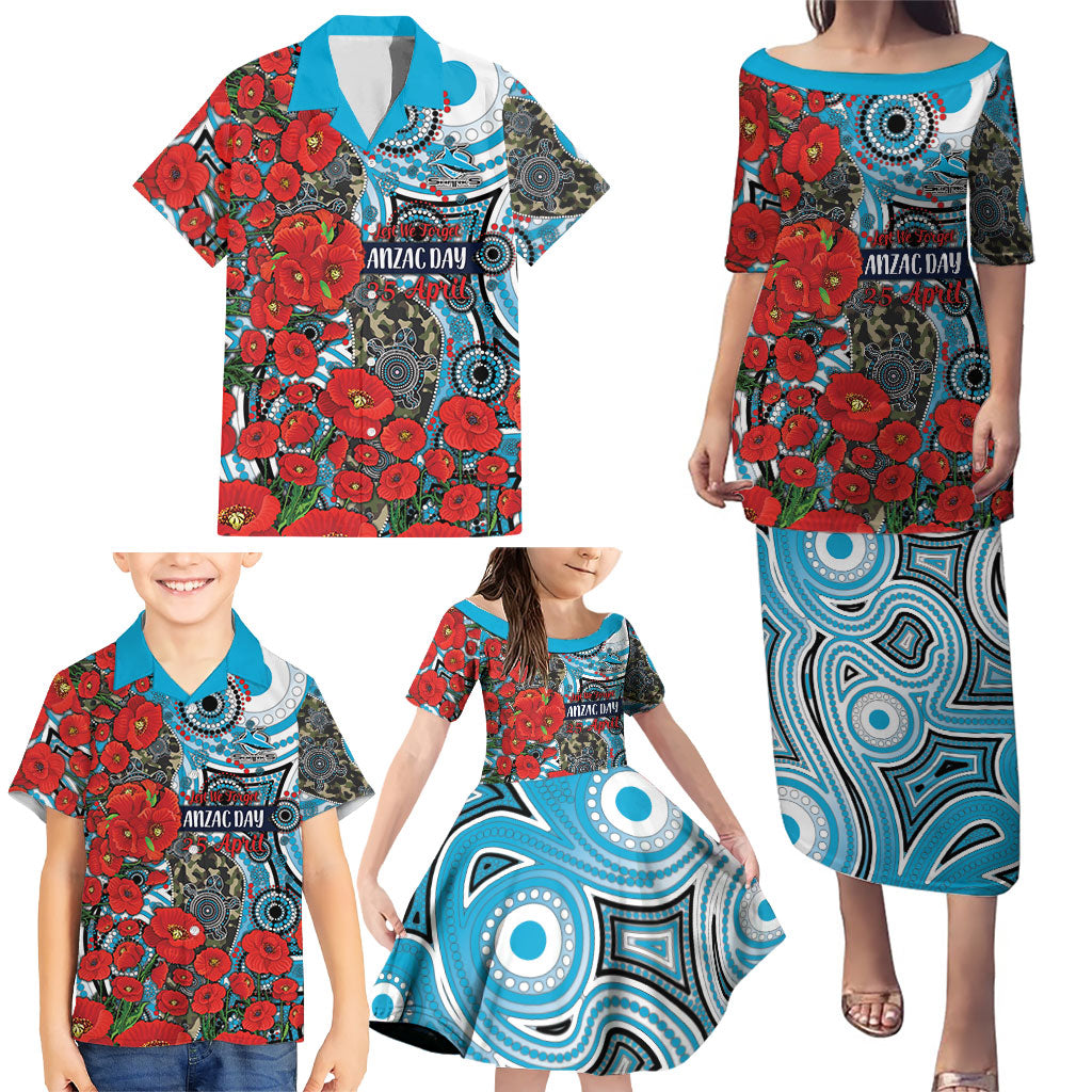 Personalised Cronulla Sharks ANZAC Family Matching Puletasi and Hawaiian Shirt Indigenous Wave Pattern Poppy Remembrance Shark Warrior