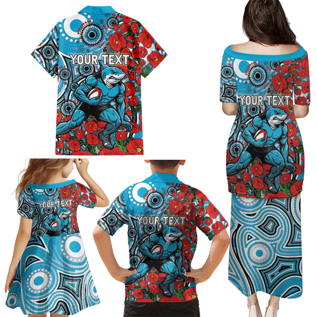 Personalised Cronulla Sharks ANZAC Family Matching Puletasi and Hawaiian Shirt Indigenous Wave Pattern Poppy Remembrance Shark Warrior
