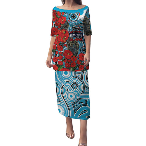 Personalised Cronulla Sharks ANZAC Family Matching Puletasi and Hawaiian Shirt Indigenous Wave Pattern Poppy Remembrance Shark Warrior