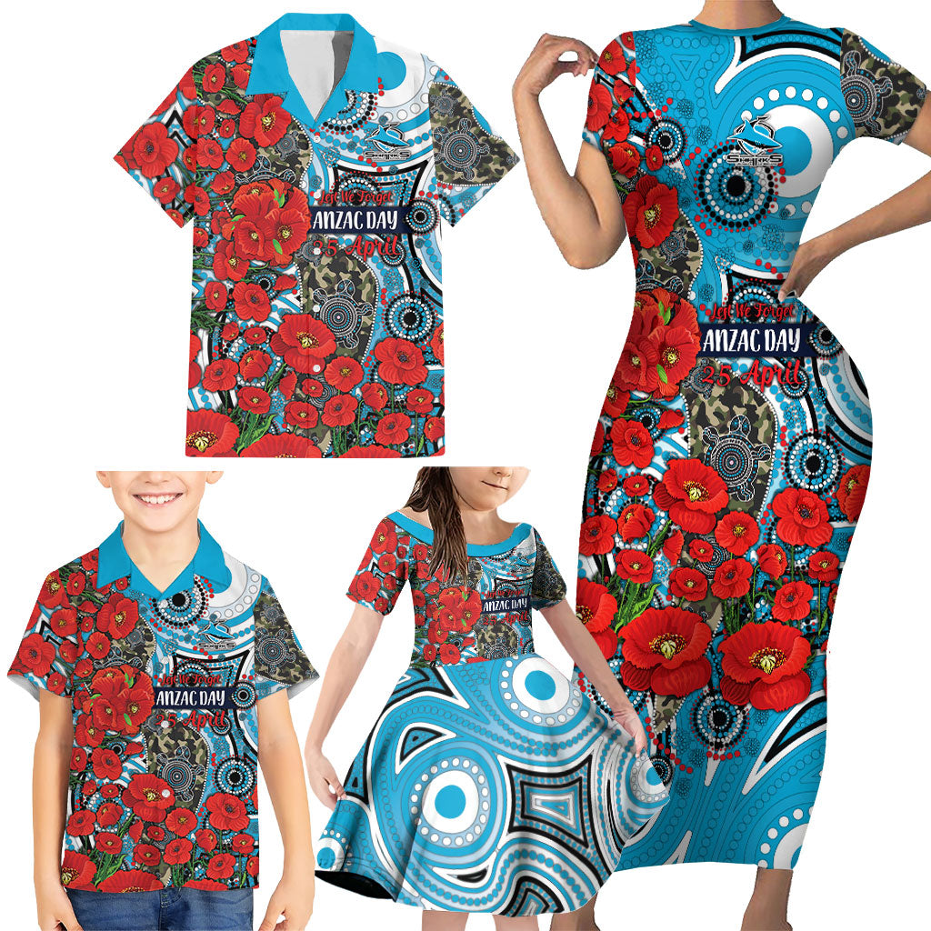Personalised Cronulla Sharks ANZAC Family Matching Short Sleeve Bodycon Dress and Hawaiian Shirt Indigenous Wave Pattern Poppy Remembrance Shark Warrior