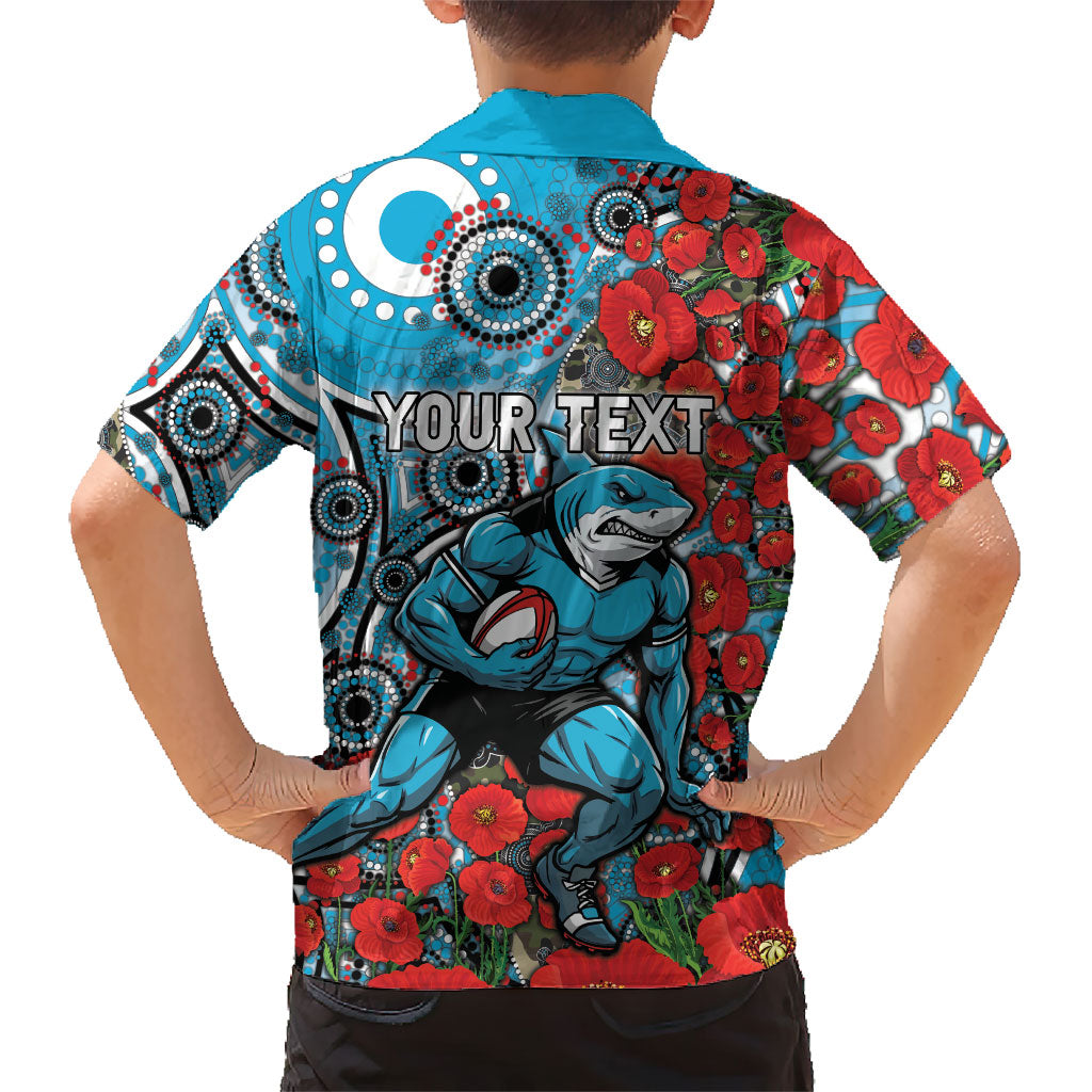 Personalised Cronulla Sharks ANZAC Family Matching Short Sleeve Bodycon Dress and Hawaiian Shirt Indigenous Wave Pattern Poppy Remembrance Shark Warrior