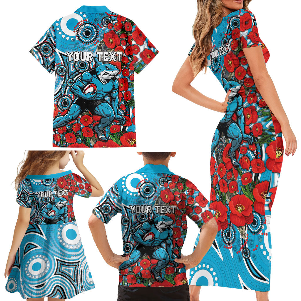 Personalised Cronulla Sharks ANZAC Family Matching Short Sleeve Bodycon Dress and Hawaiian Shirt Indigenous Wave Pattern Poppy Remembrance Shark Warrior