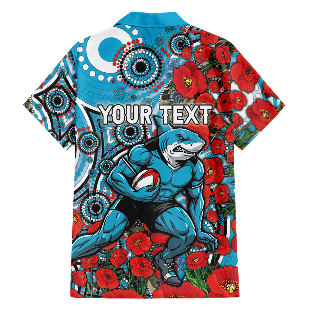 Personalised Cronulla Sharks ANZAC Family Matching Short Sleeve Bodycon Dress and Hawaiian Shirt Indigenous Wave Pattern Poppy Remembrance Shark Warrior