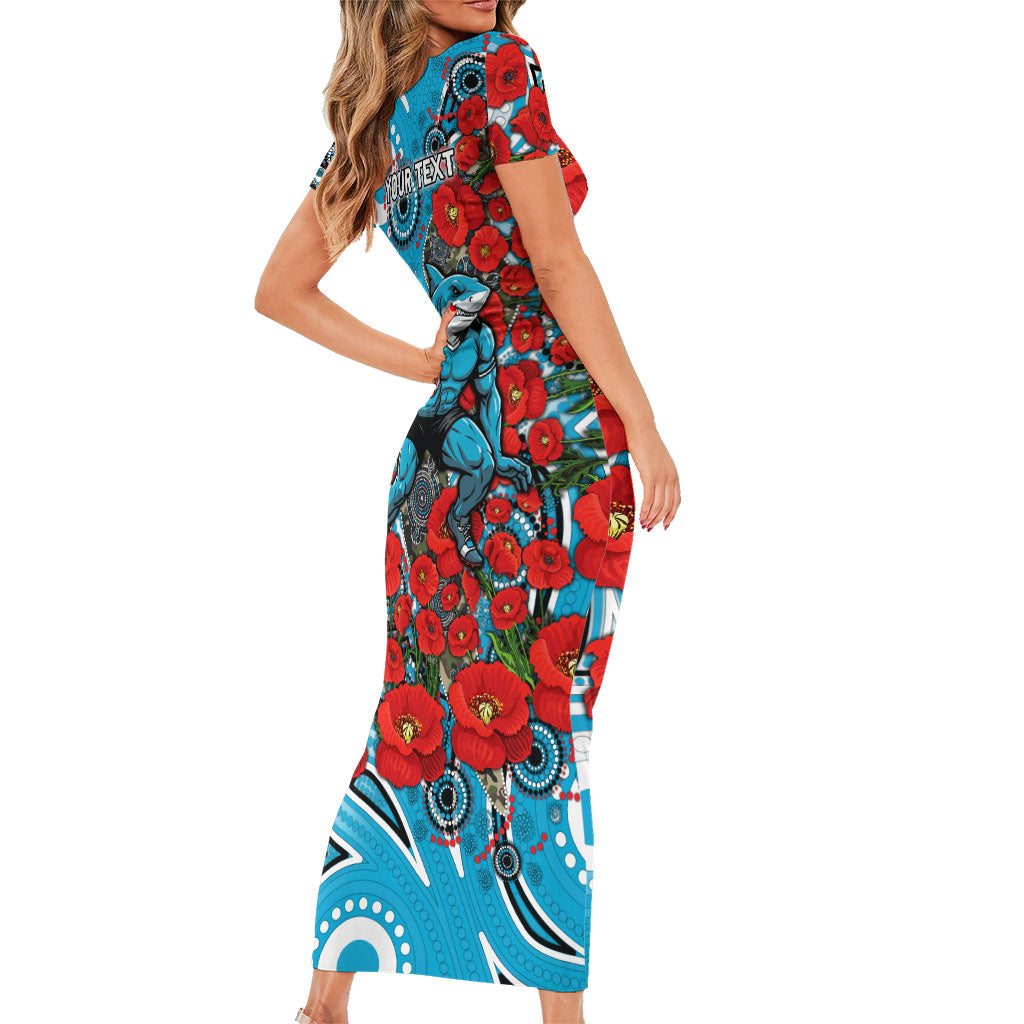Personalised Cronulla Sharks ANZAC Family Matching Short Sleeve Bodycon Dress and Hawaiian Shirt Indigenous Wave Pattern Poppy Remembrance Shark Warrior