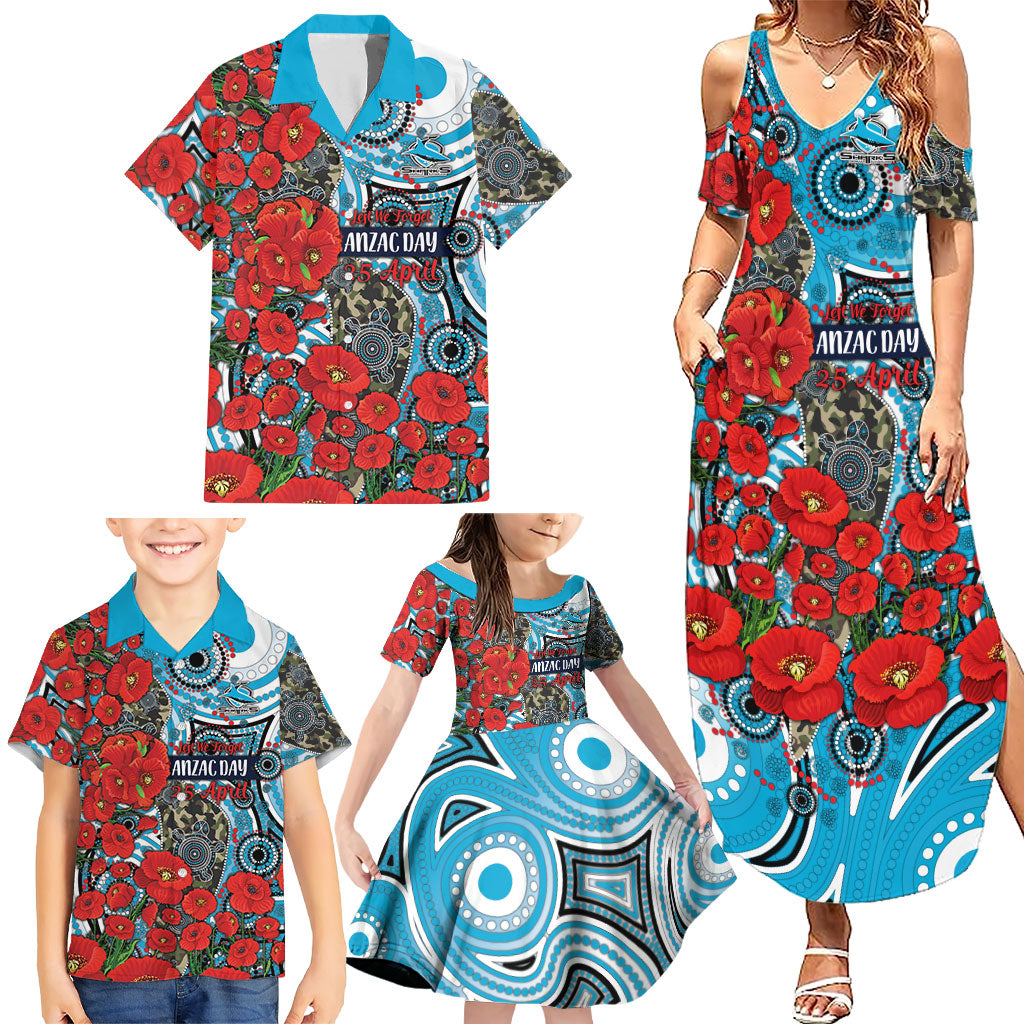 Personalised Cronulla Sharks ANZAC Family Matching Summer Maxi Dress and Hawaiian Shirt Indigenous Wave Pattern Poppy Remembrance Shark Warrior