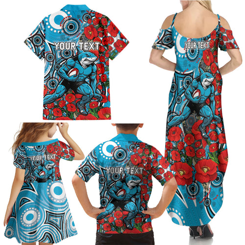 Personalised Cronulla Sharks ANZAC Family Matching Summer Maxi Dress and Hawaiian Shirt Indigenous Wave Pattern Poppy Remembrance Shark Warrior