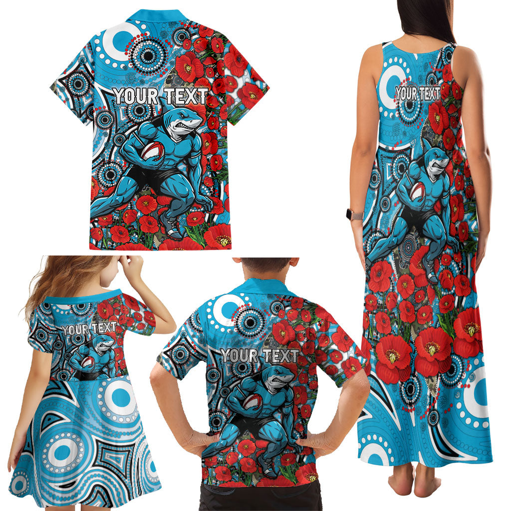 Personalised Cronulla Sharks ANZAC Family Matching Tank Maxi Dress and Hawaiian Shirt Indigenous Wave Pattern Poppy Remembrance Shark Warrior