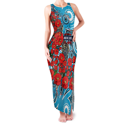 Personalised Cronulla Sharks ANZAC Family Matching Tank Maxi Dress and Hawaiian Shirt Indigenous Wave Pattern Poppy Remembrance Shark Warrior