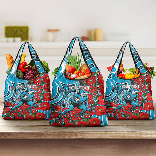 Personalised Cronulla Sharks ANZAC Grocery Bag Indigenous Wave Pattern Poppy Remembrance Shark Warrior