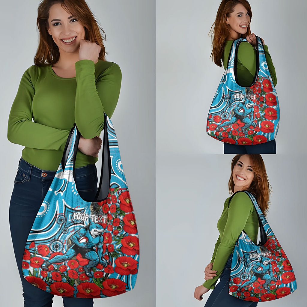 Personalised Cronulla Sharks ANZAC Grocery Bag Indigenous Wave Pattern Poppy Remembrance Shark Warrior