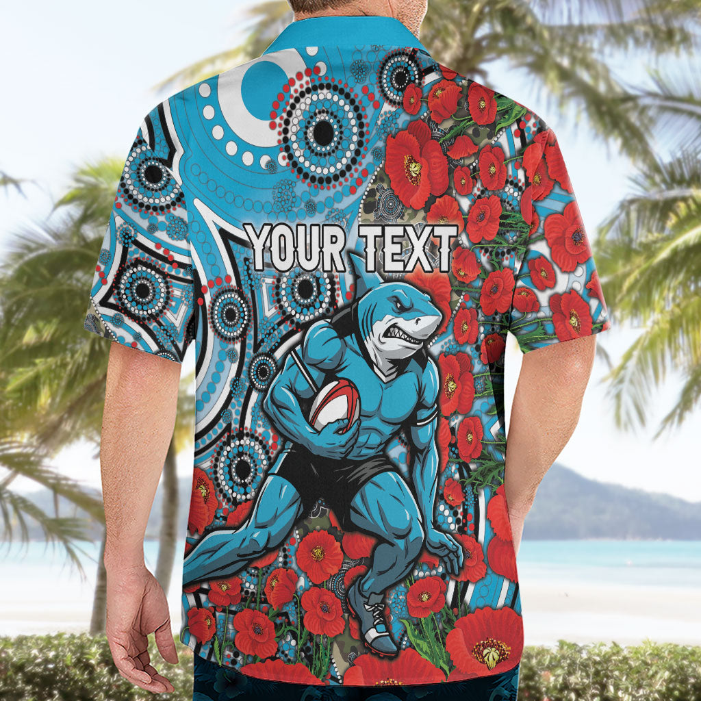 Personalised Cronulla Sharks ANZAC Hawaiian Shirt Indigenous Wave Pattern Poppy Remembrance Shark Warrior
