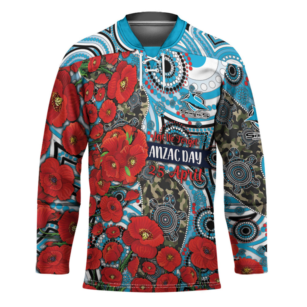Personalised Cronulla Sharks ANZAC Hockey Jersey Indigenous Wave Pattern Poppy Remembrance Shark Warrior