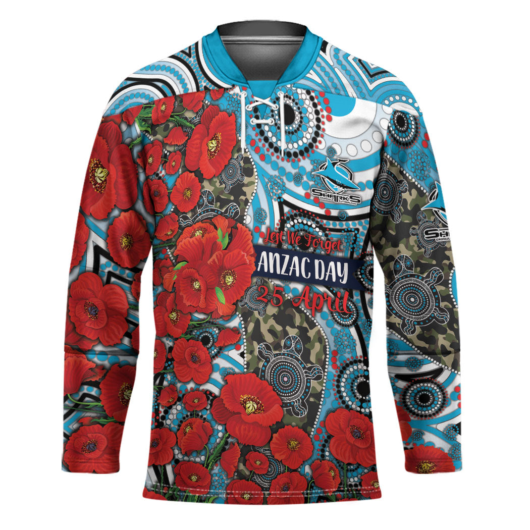 Personalised Cronulla Sharks ANZAC Hockey Jersey Indigenous Wave Pattern Poppy Remembrance Shark Warrior