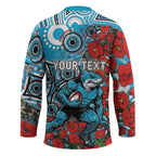 Personalised Cronulla Sharks ANZAC Hockey Jersey Indigenous Wave Pattern Poppy Remembrance Shark Warrior