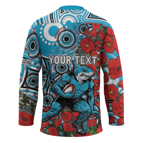 Personalised Cronulla Sharks ANZAC Hockey Jersey Indigenous Wave Pattern Poppy Remembrance Shark Warrior