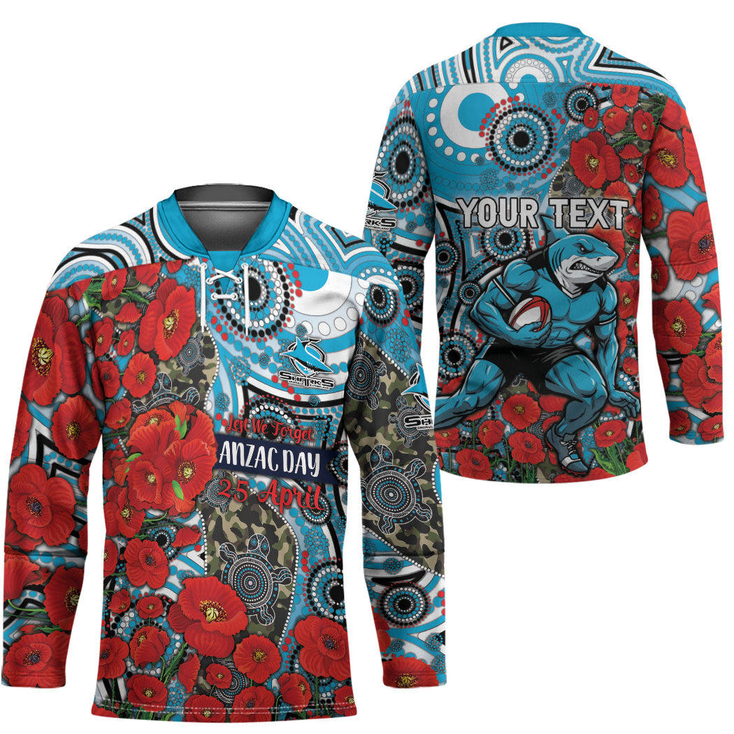 Personalised Cronulla Sharks ANZAC Hockey Jersey Indigenous Wave Pattern Poppy Remembrance Shark Warrior