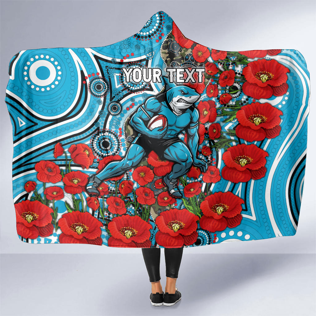 Personalised Cronulla Sharks ANZAC Hooded Blanket Indigenous Wave Pattern Poppy Remembrance Shark Warrior