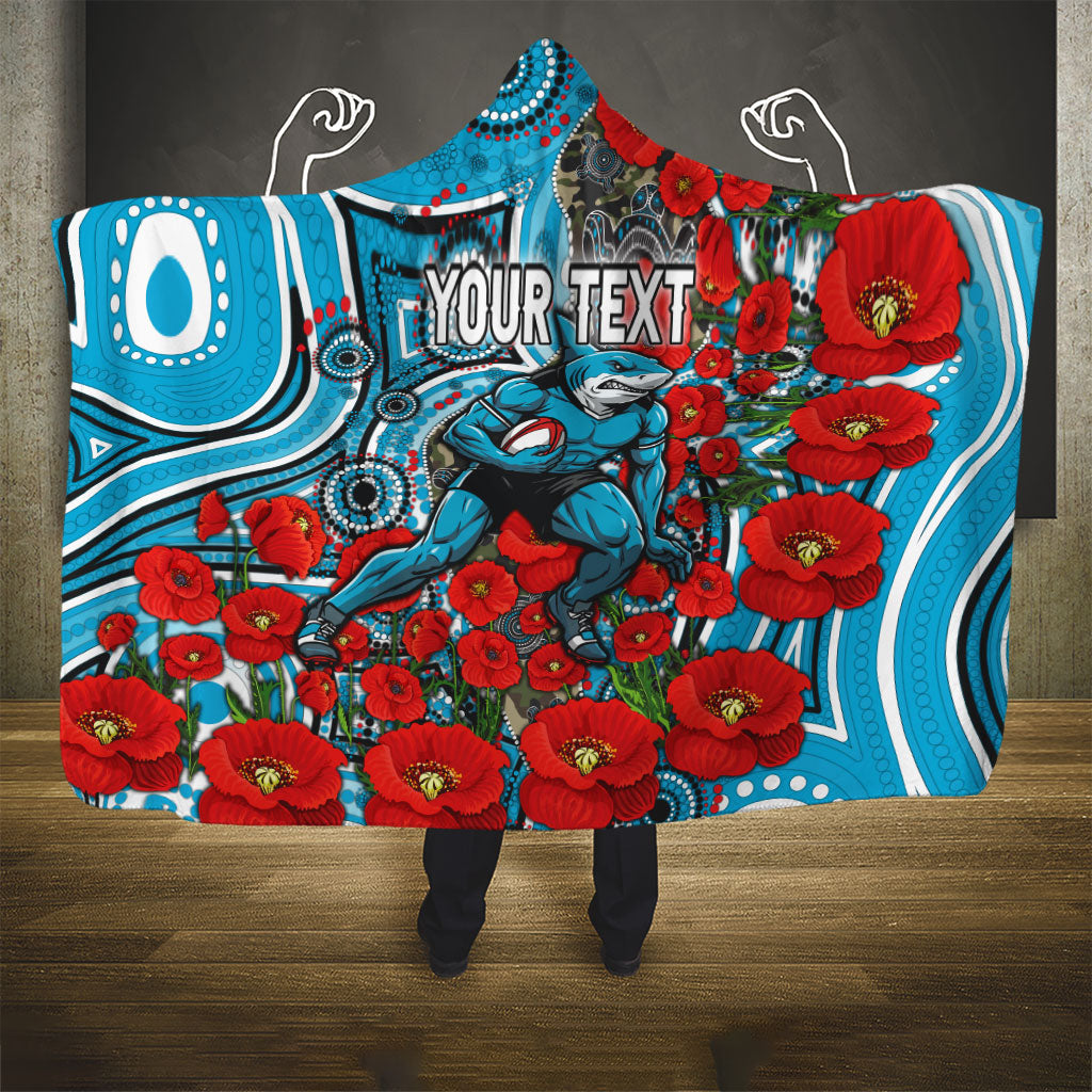 Personalised Cronulla Sharks ANZAC Hooded Blanket Indigenous Wave Pattern Poppy Remembrance Shark Warrior