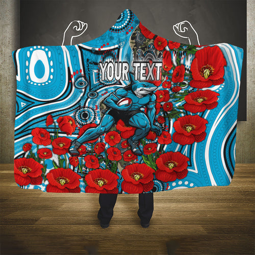 Personalised Cronulla Sharks ANZAC Hooded Blanket Indigenous Wave Pattern Poppy Remembrance Shark Warrior