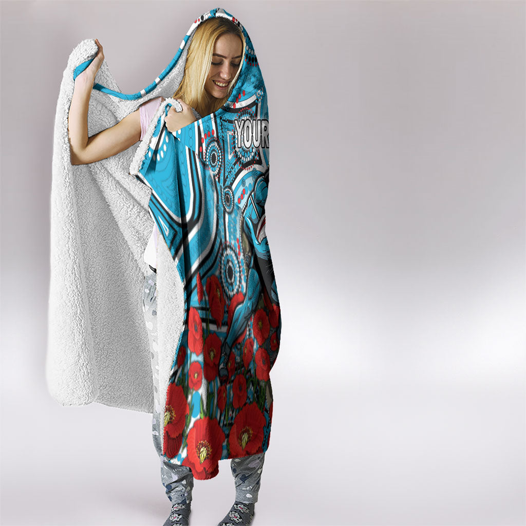 Personalised Cronulla Sharks ANZAC Hooded Blanket Indigenous Wave Pattern Poppy Remembrance Shark Warrior
