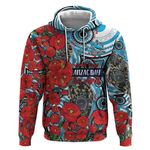 Personalised Cronulla Sharks ANZAC Hoodie Indigenous Wave Pattern Poppy Remembrance Shark Warrior
