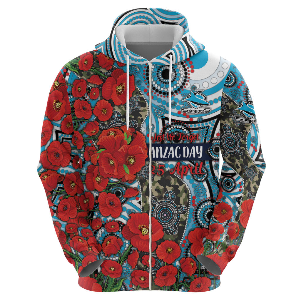 Personalised Cronulla Sharks ANZAC Hoodie Indigenous Wave Pattern Poppy Remembrance Shark Warrior