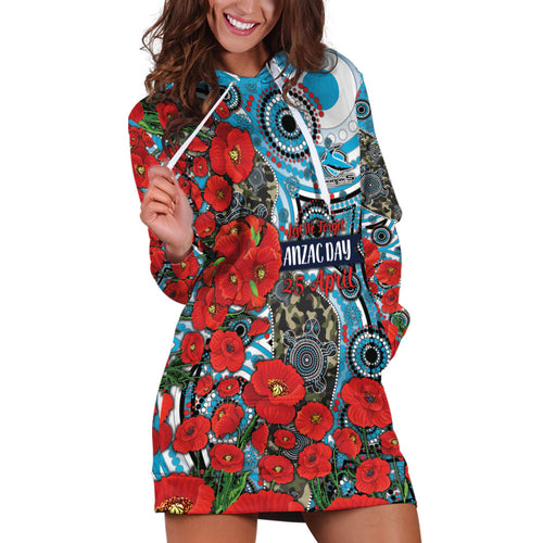 Personalised Cronulla Sharks ANZAC Hoodie Dress Indigenous Wave Pattern Poppy Remembrance Shark Warrior
