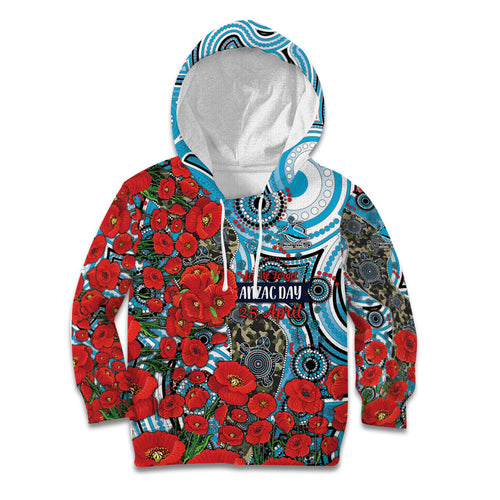 Personalised Cronulla Sharks ANZAC Kid Hoodie Indigenous Wave Pattern Poppy Remembrance Shark Warrior