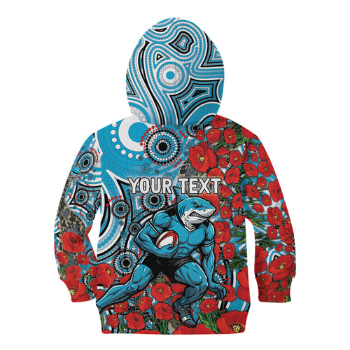 Personalised Cronulla Sharks ANZAC Kid Hoodie Indigenous Wave Pattern Poppy Remembrance Shark Warrior