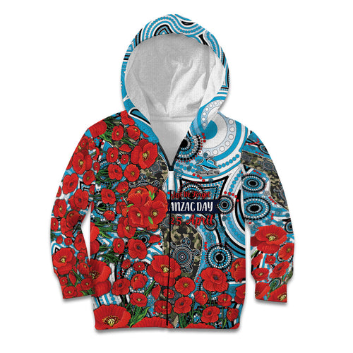 Personalised Cronulla Sharks ANZAC Kid Hoodie Indigenous Wave Pattern Poppy Remembrance Shark Warrior