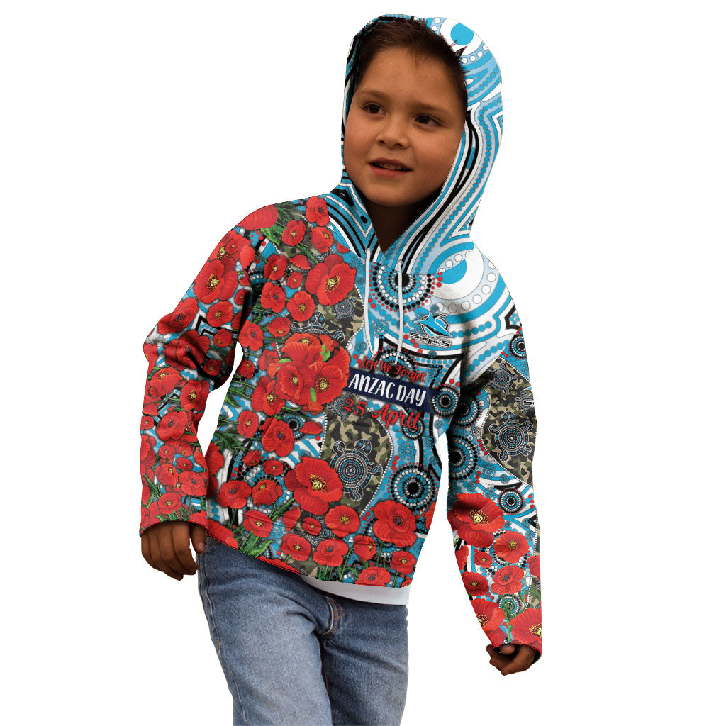 Personalised Cronulla Sharks ANZAC Kid Hoodie Indigenous Wave Pattern Poppy Remembrance Shark Warrior