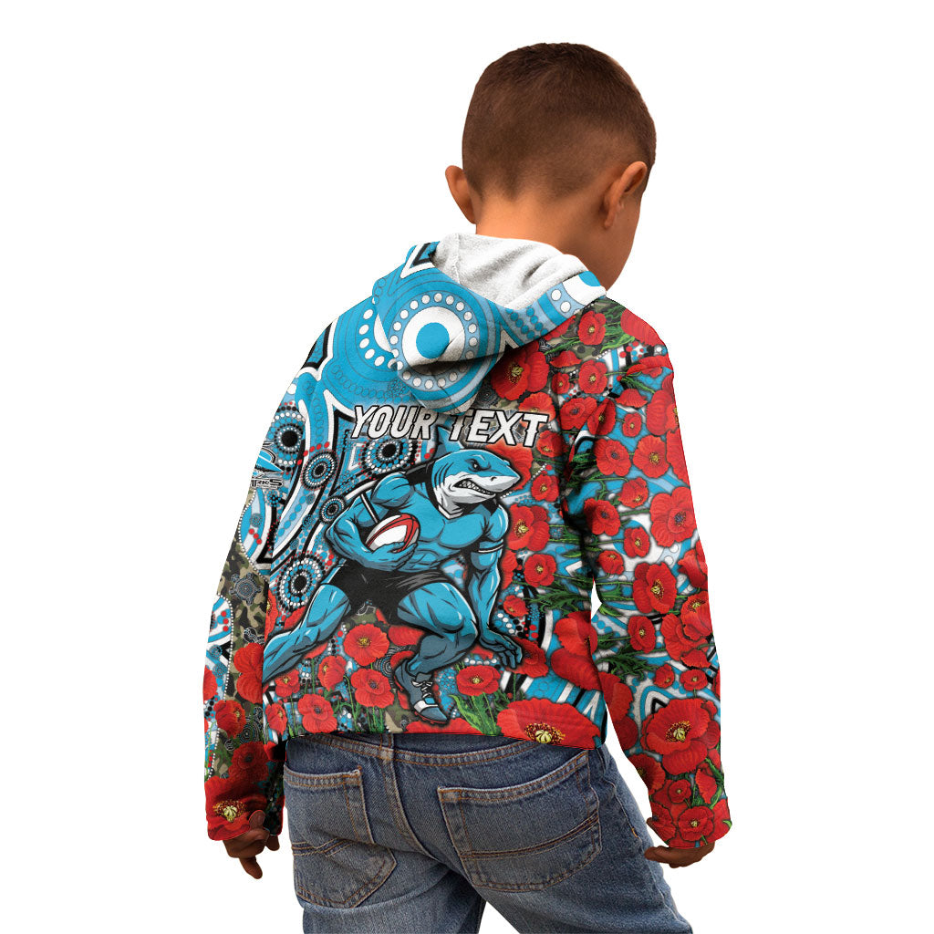 Personalised Cronulla Sharks ANZAC Kid Hoodie Indigenous Wave Pattern Poppy Remembrance Shark Warrior