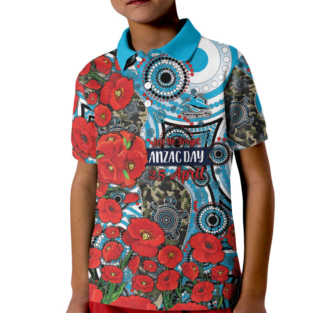 Personalised Cronulla Sharks ANZAC Kid Polo Shirt Indigenous Wave Pattern Poppy Remembrance Shark Warrior