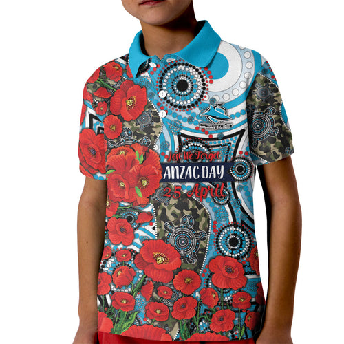 Personalised Cronulla Sharks ANZAC Kid Polo Shirt Indigenous Wave Pattern Poppy Remembrance Shark Warrior