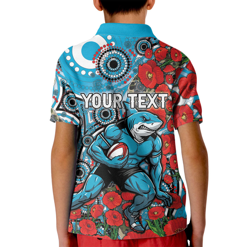 Personalised Cronulla Sharks ANZAC Kid Polo Shirt Indigenous Wave Pattern Poppy Remembrance Shark Warrior