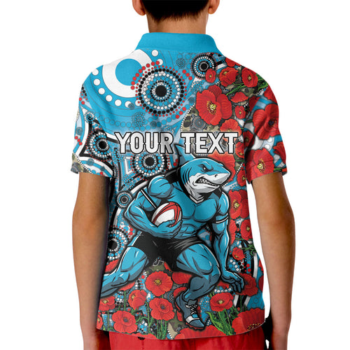 Personalised Cronulla Sharks ANZAC Kid Polo Shirt Indigenous Wave Pattern Poppy Remembrance Shark Warrior