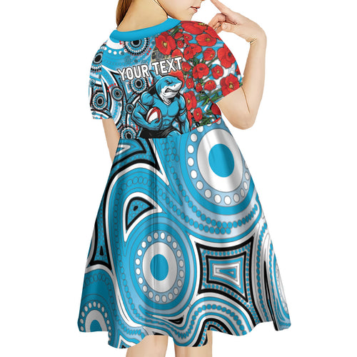 Personalised Cronulla Sharks ANZAC Kid Short Sleeve Dress Indigenous Wave Pattern Poppy Remembrance Shark Warrior