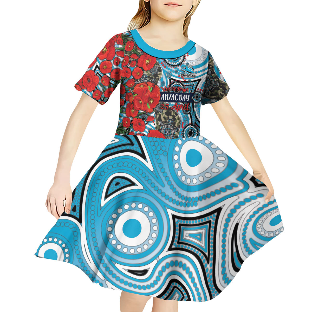 Personalised Cronulla Sharks ANZAC Kid Short Sleeve Dress Indigenous Wave Pattern Poppy Remembrance Shark Warrior