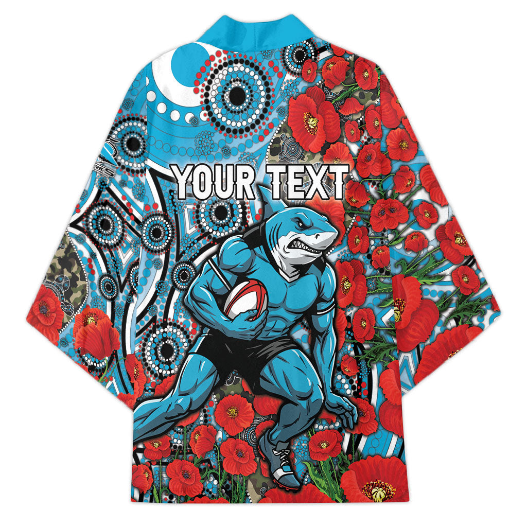 Personalised Cronulla Sharks ANZAC Kimono Indigenous Wave Pattern Poppy Remembrance Shark Warrior