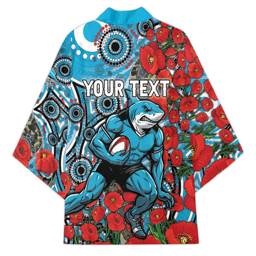 Personalised Cronulla Sharks ANZAC Kimono Indigenous Wave Pattern Poppy Remembrance Shark Warrior