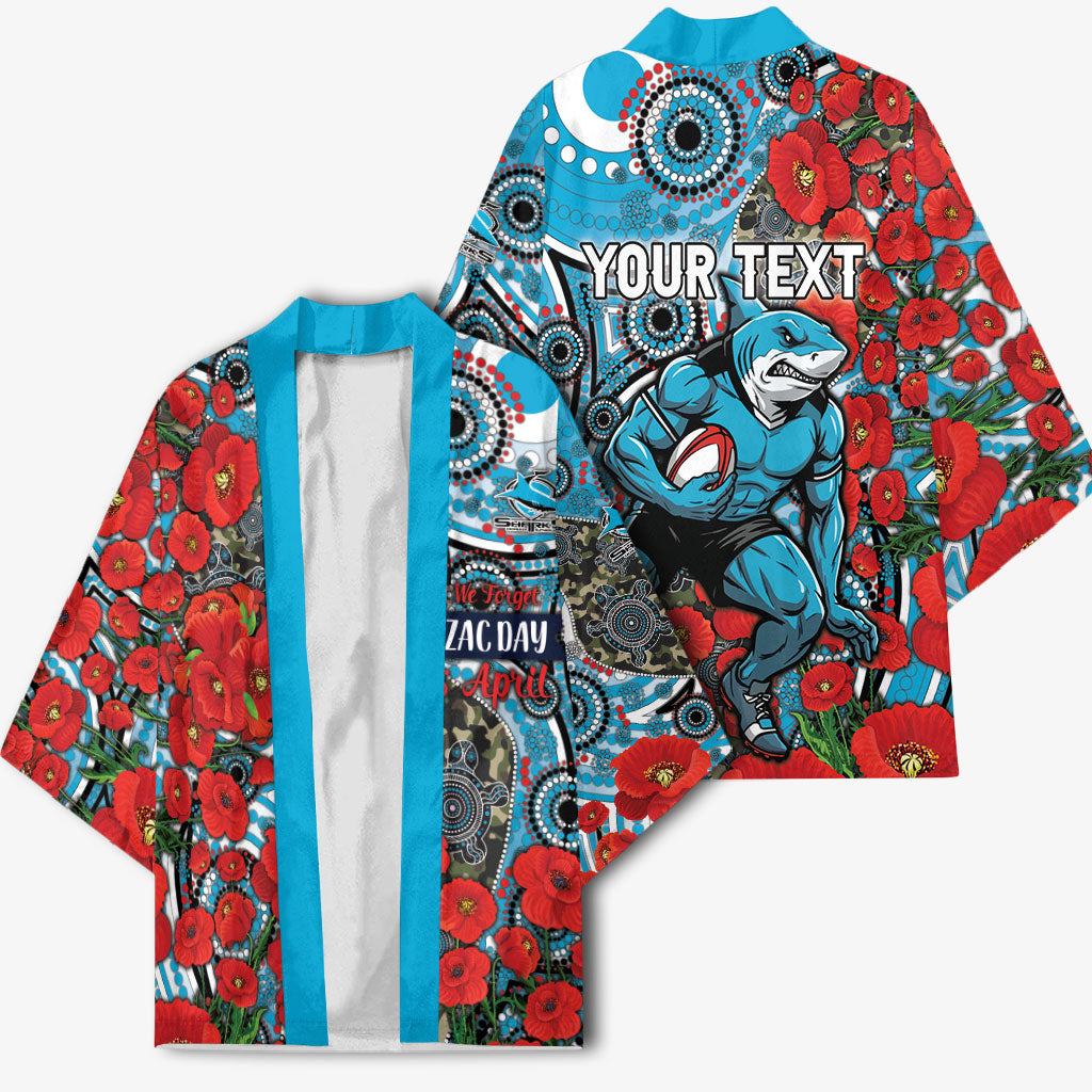 Personalised Cronulla Sharks ANZAC Kimono Indigenous Wave Pattern Poppy Remembrance Shark Warrior
