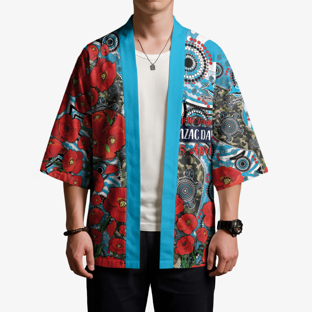 Personalised Cronulla Sharks ANZAC Kimono Indigenous Wave Pattern Poppy Remembrance Shark Warrior