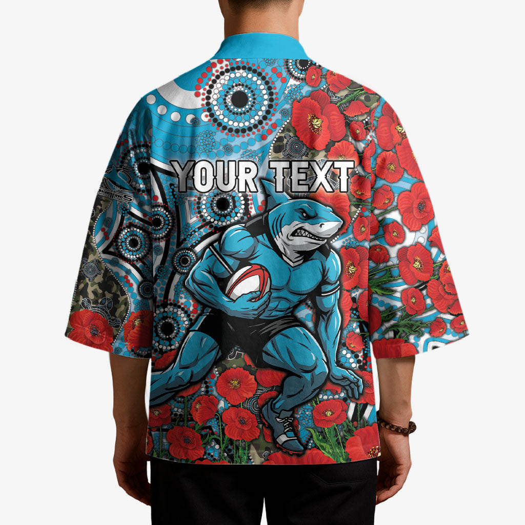 Personalised Cronulla Sharks ANZAC Kimono Indigenous Wave Pattern Poppy Remembrance Shark Warrior